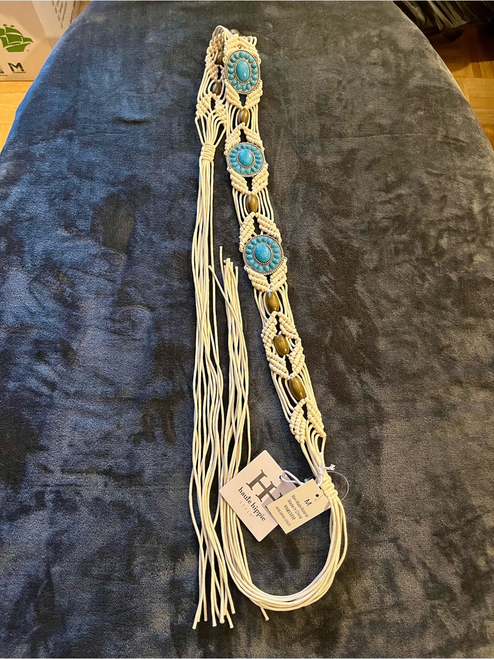 Haute Hippie Woven Rope Boho Belt w/ turquoise and wooden beads. Western. M. NWT